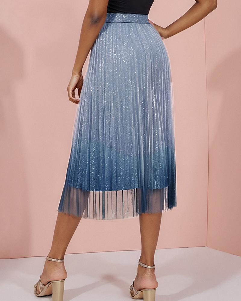 Ombre Sheer Mesh Patch A Line Pleated Glitter Skirt