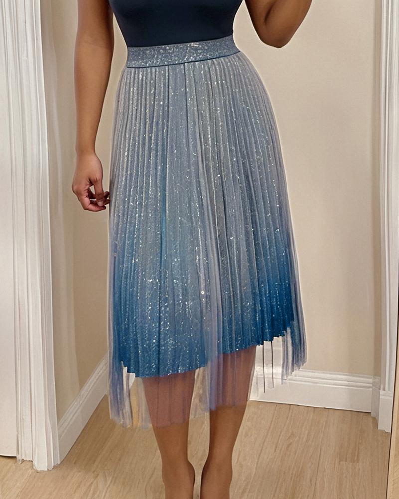 Ombre Sheer Mesh Patch A Line Pleated Glitter Skirt