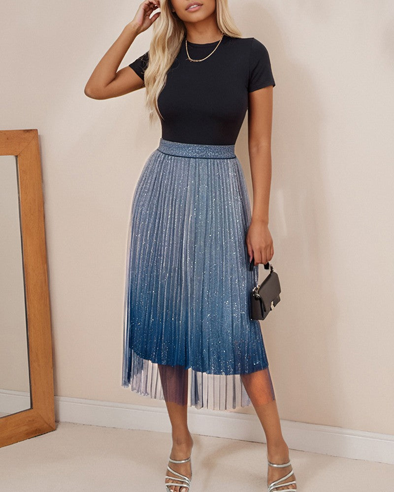 Ombre Sheer Mesh Patch A Line Pleated Glitter Skirt