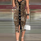 Leopard Pattern Contrast Sequin V Neck Sleeveless Bodycon Dress Metal Button Front Slim Fit Party Dress