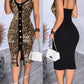 Leopard Pattern Contrast Sequin V Neck Sleeveless Bodycon Dress Metal Button Front Slim Fit Party Dress