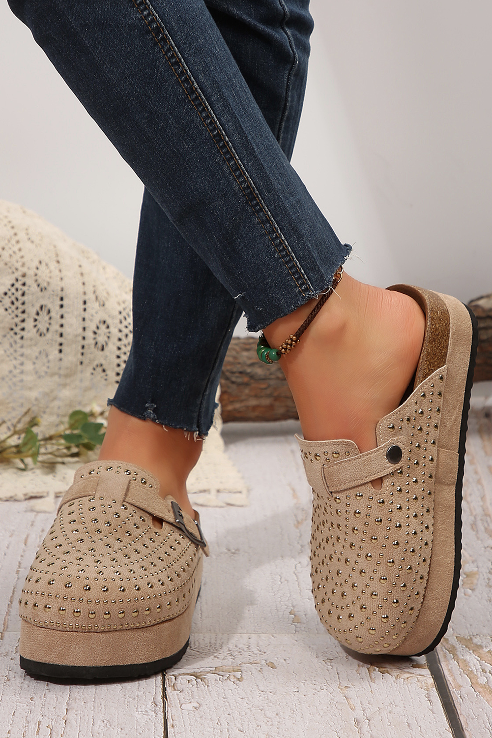 Parchment Rivet Buckle Closed Toe Platform Slippers