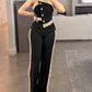 Contrast Sequin Bandeau Strapless Jumpsuit Button Decor Casual Wide Leg Rompers