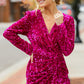 Pitaya Pink Velvet Sequin Long Sleeve V Neck Wrapped Mini Dress