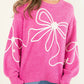 Bright Pink Corded Flower Bow Ribbed Trim Casual Sweater