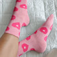 Light Pink Heart Print Ribbed Trim Soft Crew Socks