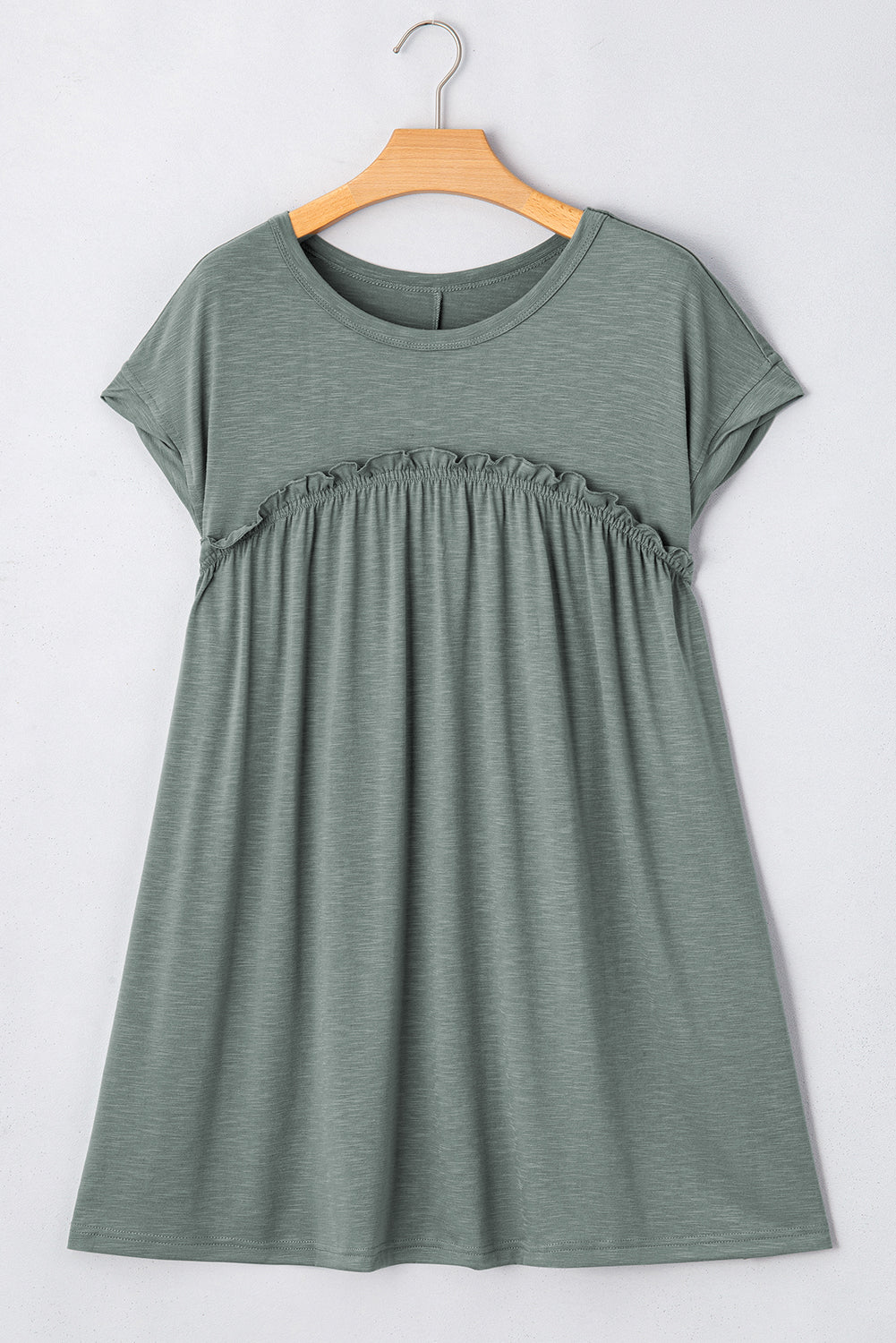 Mist Green Frilled Gathered Seam Round Neck T Shirt Dress