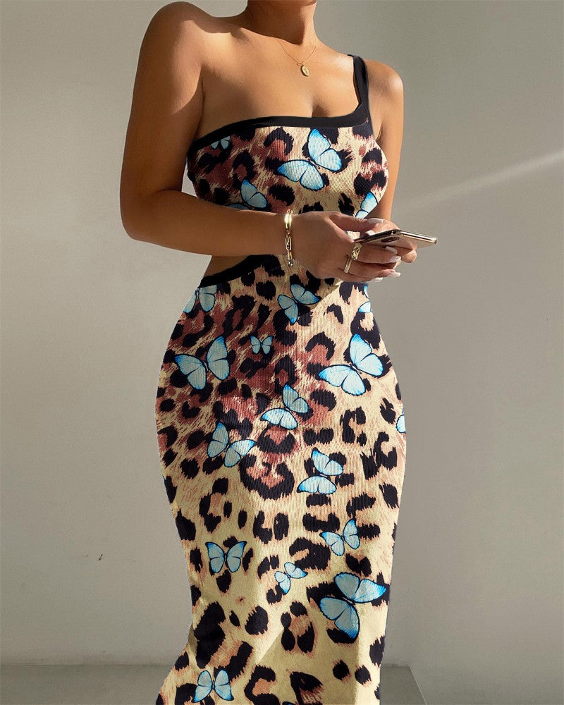 Leopard Butterfly Print One Shoulder Sleeveless Bodycon Dress Sexy Hollow out Slim Fit Dress