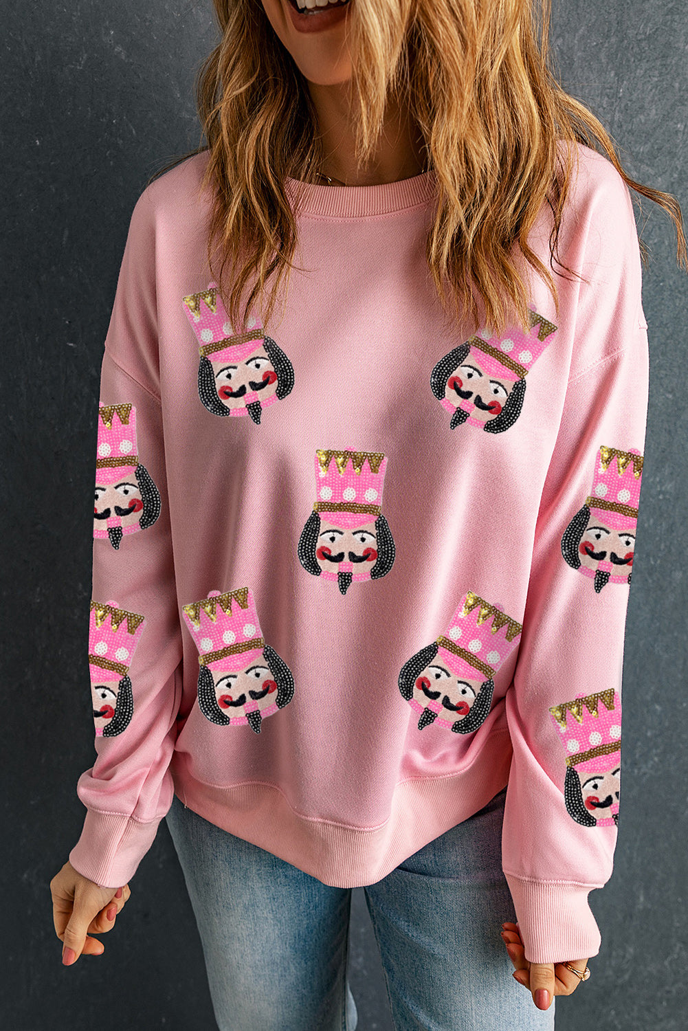 Pink Sequin Nutcracker Graphic Drop Shoulder Christmas Sweatshirt