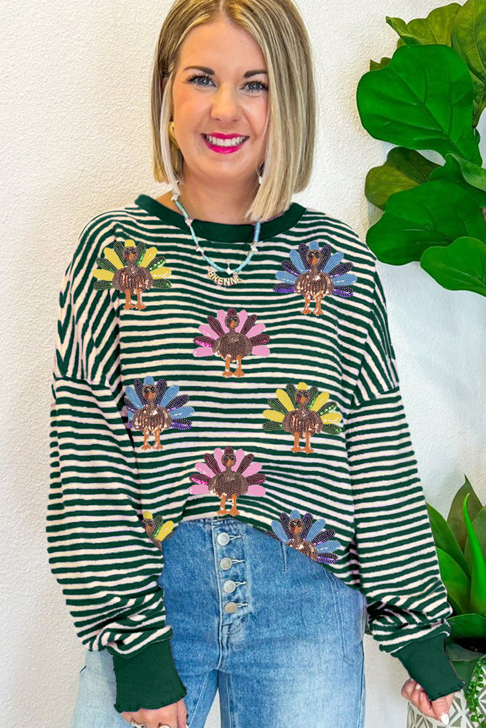 Green Stripe Turkey Pattern Drop Shoulder Pullover Top