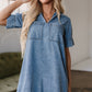 Beau Blue Short Sleeve Collared Patched Pocket Denim Mini Dress