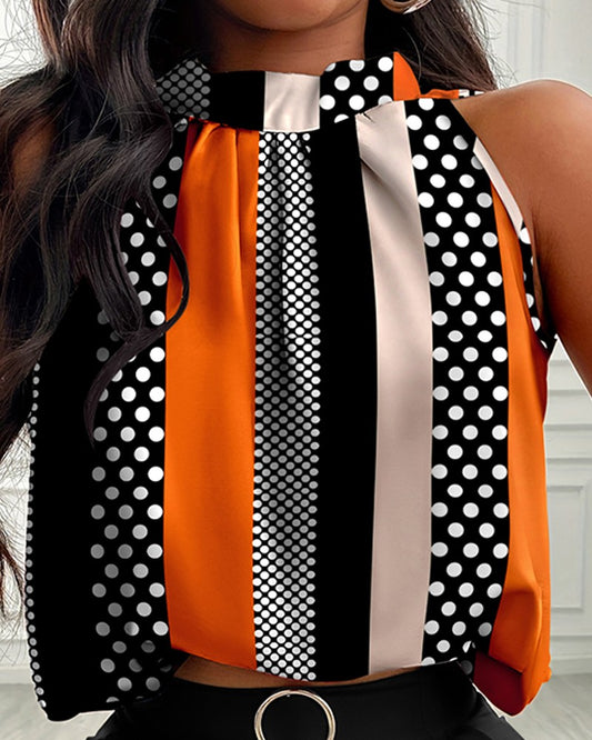 Striped Colorblock Polka Dot Print Sleeveless Top & Shorts Set