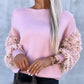 Contrast Sequin Fluffy Detail Long Sleeve Knit Sweater Casual Pullover Top