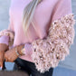 Contrast Sequin Fluffy Detail Long Sleeve Knit Sweater Casual Pullover Top