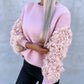 Contrast Sequin Fluffy Detail Long Sleeve Knit Sweater Casual Pullover Top