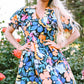 Blue Collared Split Neck Floral Flared Dress