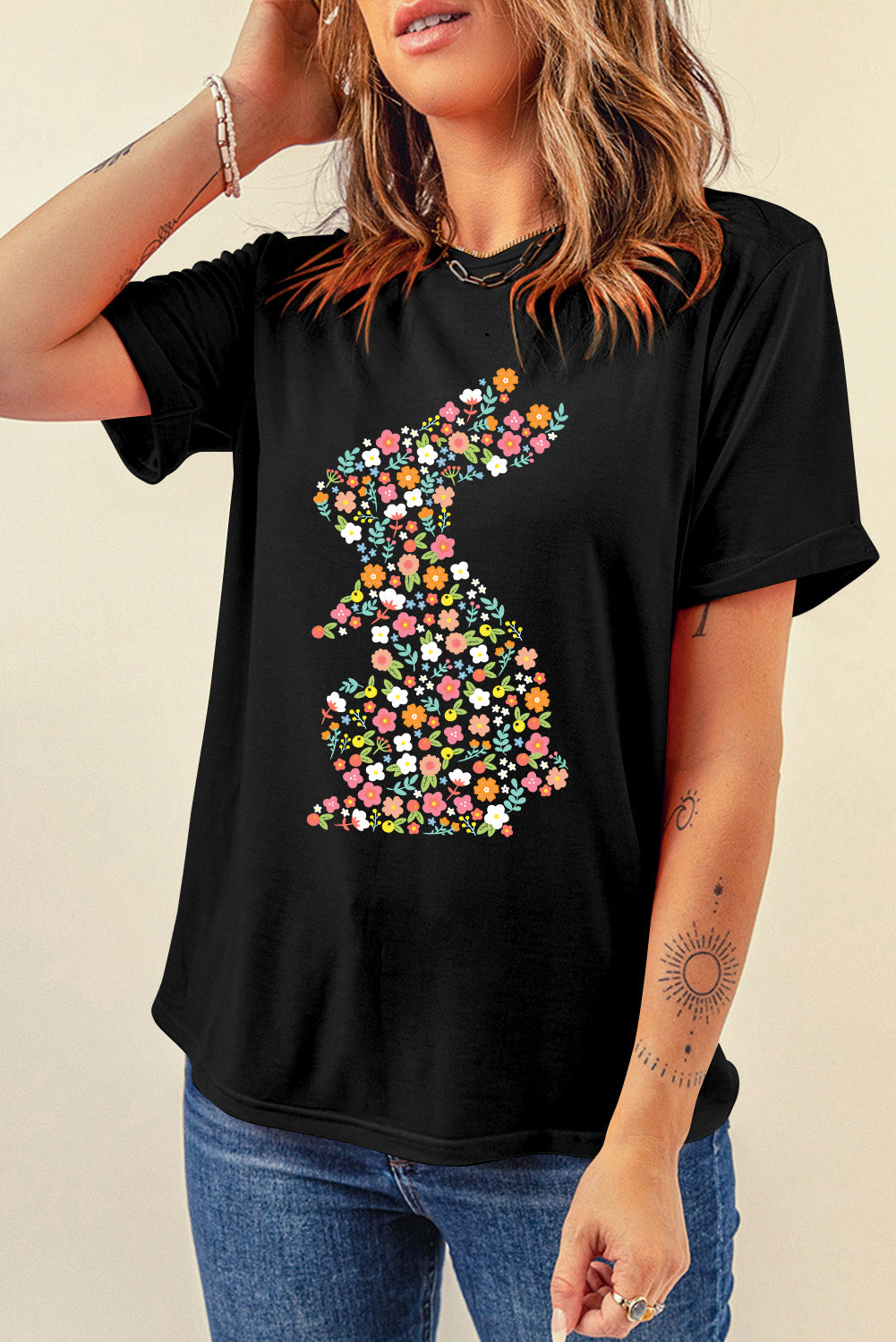 Black Colorful Floral Bunny Graphic Easter T Shirt