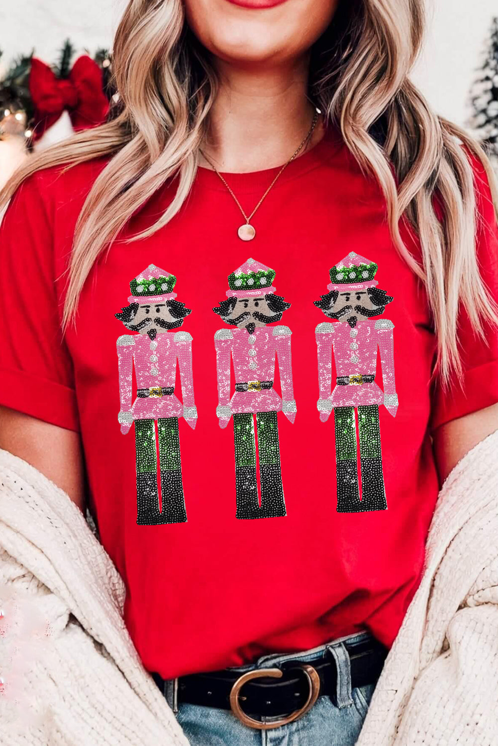 Red Sequined Christmas Nutcracker Pattern Crew Neck Graphic Tee