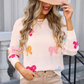 White Valentine Bow Print Crew Neck Drop Shoulder Sweater