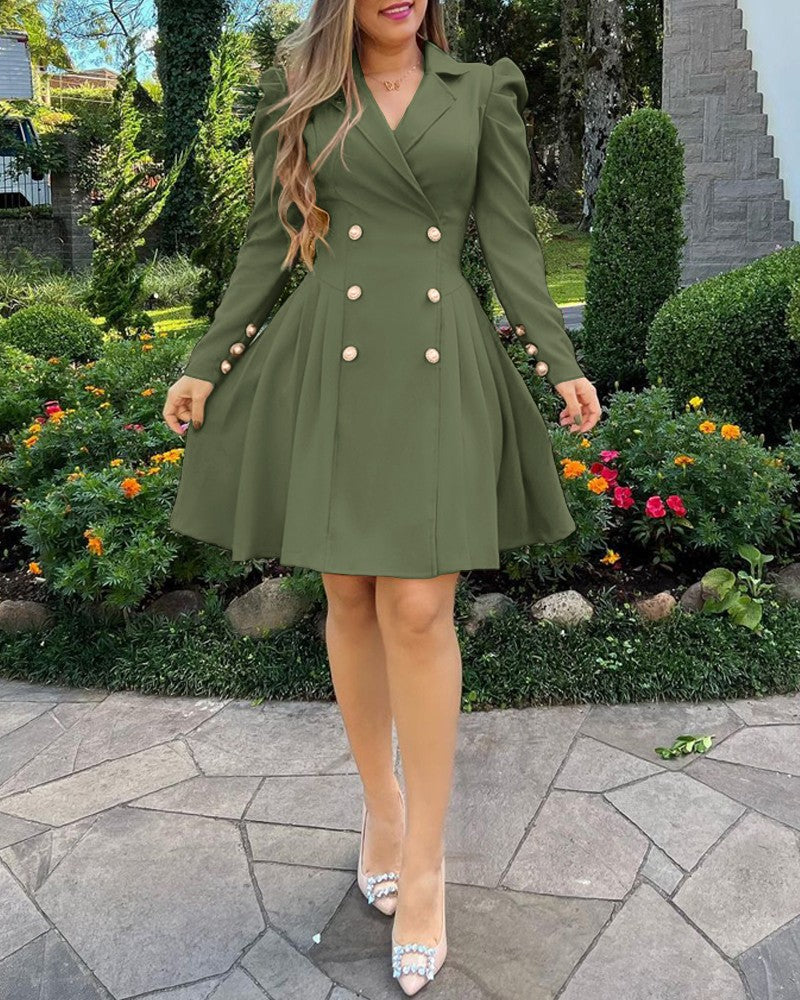 Notched Collar Puff Sleeve Double Breasted Cinch Waist Mini Dress Elegant Dress