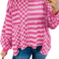 Rose Red Checkerboard Striped Patchwork Lantern Sleeve Pocketed Blouse