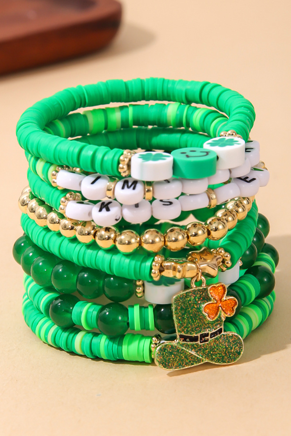 Green St Patricks Shamrock Letter Beaded Multi Layer Bracelet Set