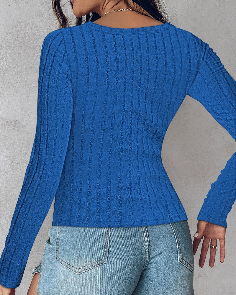 U Neck Long Sleeve Ribbed Tops Fleece Lined Basic Layering Soft Thermal Tee