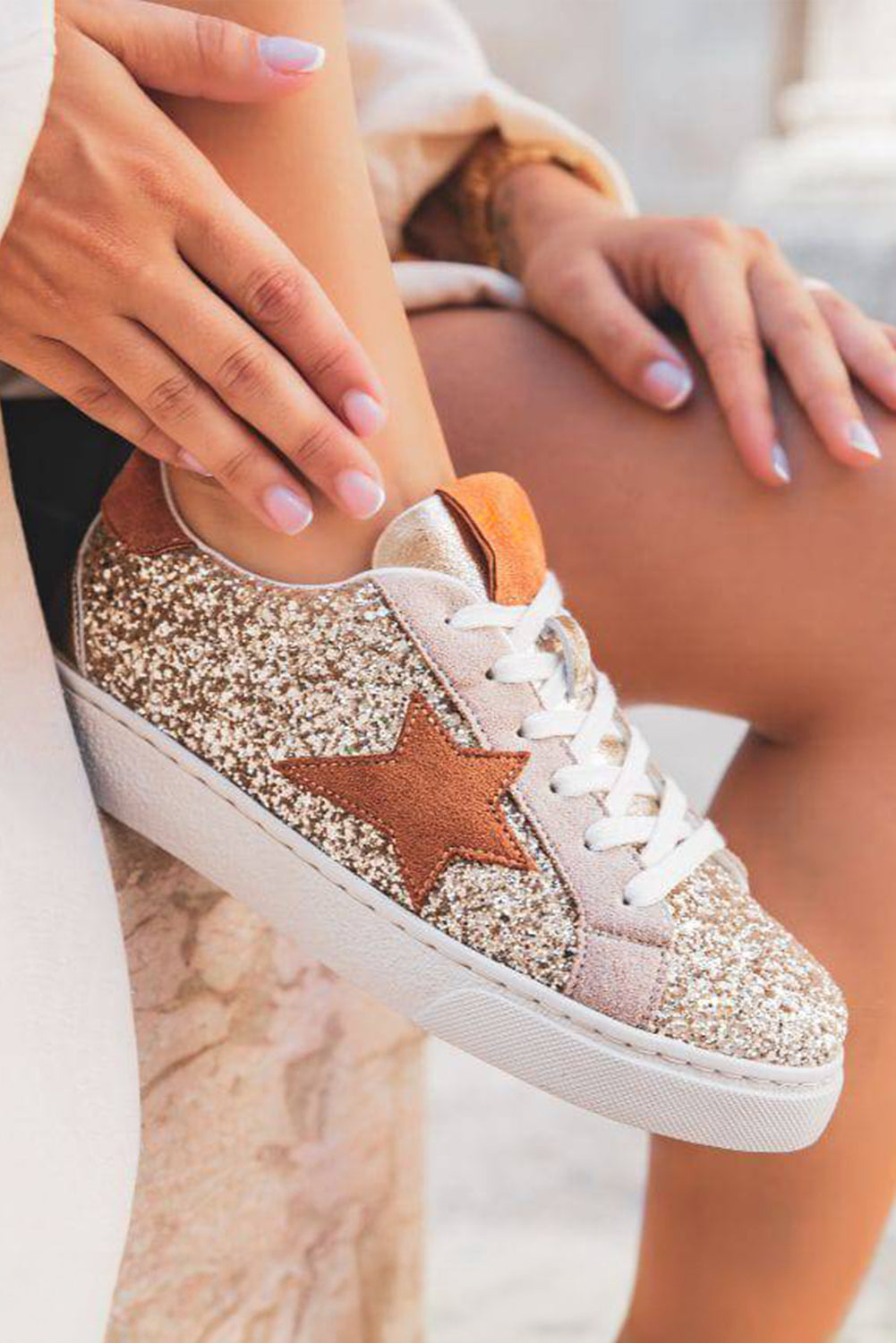 Gold Star Patchwork Sequined Lace-up Sneakers