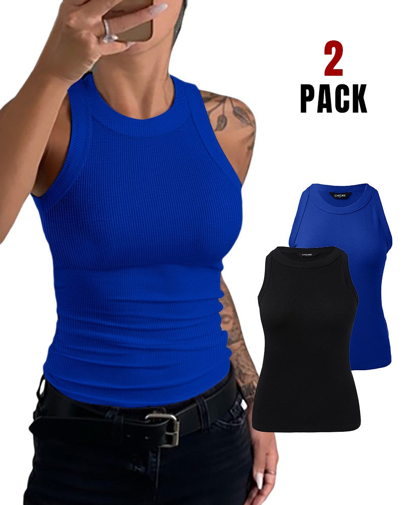 2 Pack Round Neck Thick Strap Racerback Ribbed Tank Slim Fit Tops without Bra Pads