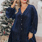 Navy Blue Plus Size Textured Velvet Tiered Button V Neck Dress