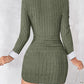 Polo V Neck Long Sleeve Fleece Lined Bodycon Dress Slit Button Decor Ribbed Mini Dress