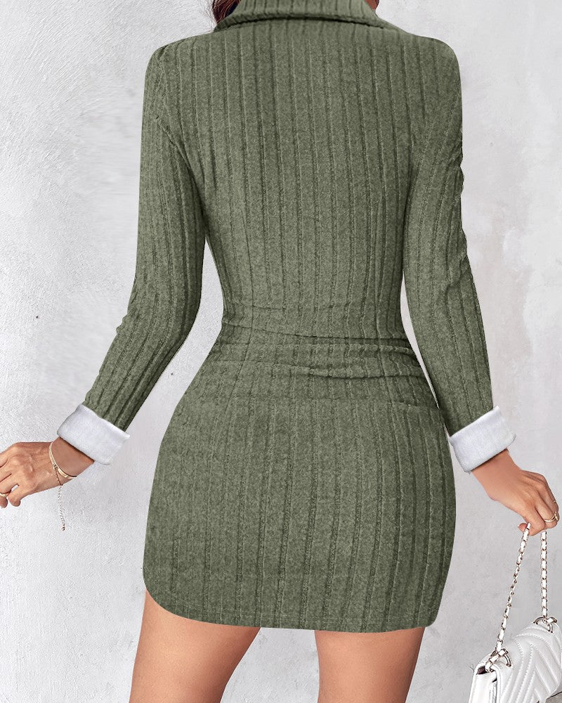 Polo V Neck Long Sleeve Fleece Lined Bodycon Dress Slit Button Decor Ribbed Mini Dress