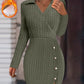 Polo V Neck Long Sleeve Fleece Lined Bodycon Dress Slit Button Decor Ribbed Mini Dress