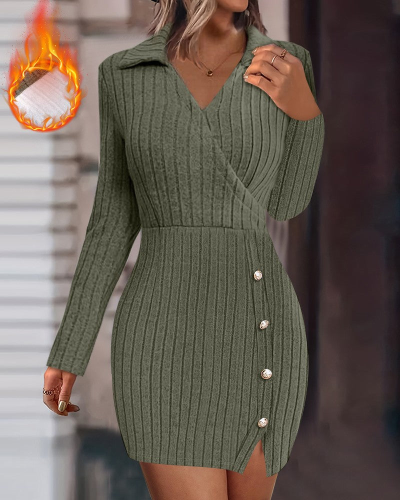 Polo V Neck Long Sleeve Fleece Lined Bodycon Dress Slit Button Decor Ribbed Mini Dress