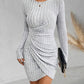 Round Neck Long Sleeve Ruched Ribbed Bodycon Dress