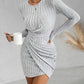 Round Neck Long Sleeve Ruched Ribbed Bodycon Dress