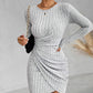 Round Neck Long Sleeve Ruched Ribbed Bodycon Dress