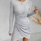 Round Neck Long Sleeve Ruched Ribbed Bodycon Dress