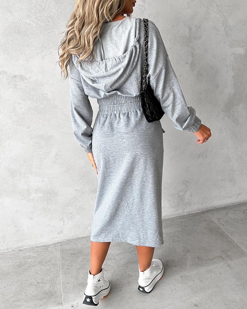 Overlap Crop Hooded Sweatshirt & Pocket Design Skirt Set