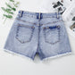 Beau Blue Pearl Studded Pockets Raw Hem Denim Shorts