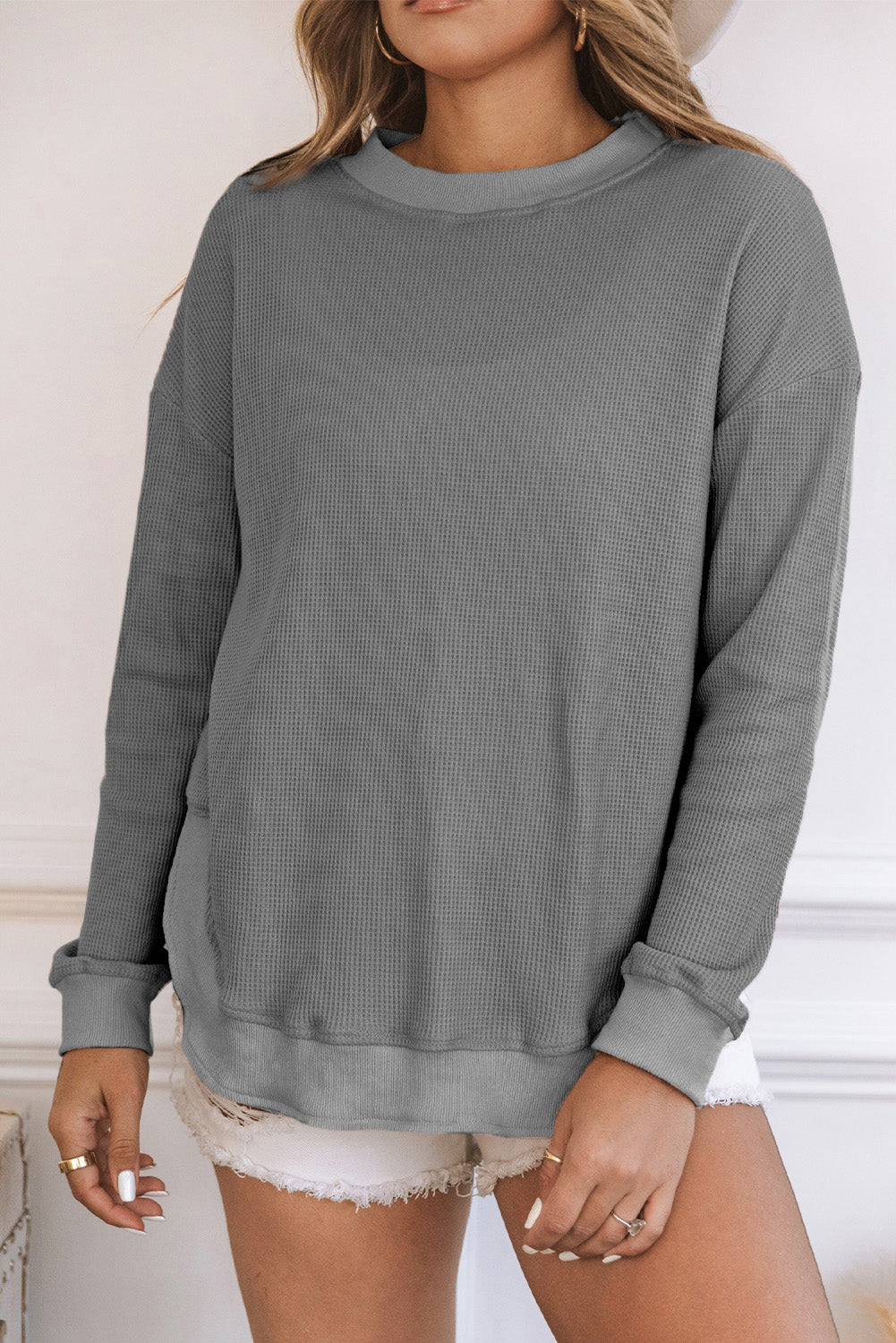 Gray Crew Neck Ribbed Trim Waffle Knit Top