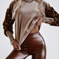 Velvet Leopard Pattern O neck Long Sleeve Sweatshirt