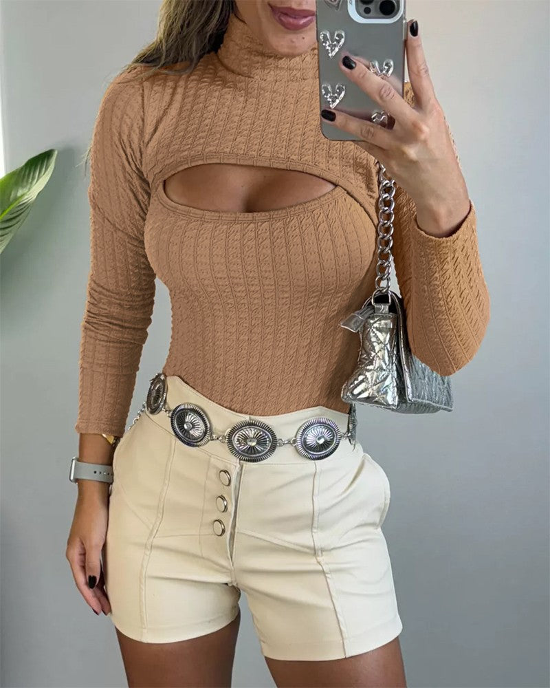 Textured Cutout High Neck Bodysuit Long Sleeve Sexy Slim Fit T Shirt