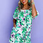 Green Floral Print Shirred Square Neck Loose Fit Mini Dress