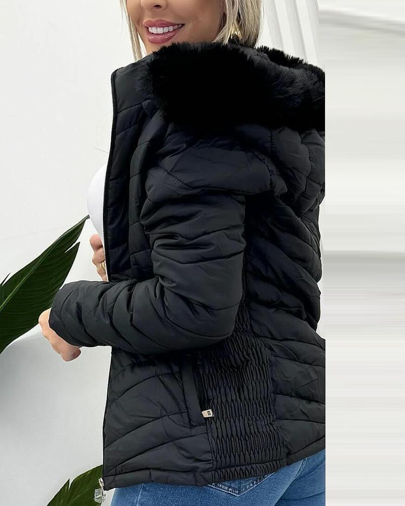 Zipper Pocket Design Shirred Fuzzy Trim Lined Hooded Puffer Jacket