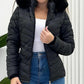 Zipper Pocket Design Shirred Fuzzy Trim Lined Hooded Puffer Jacket