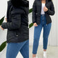 Zipper Pocket Design Shirred Fuzzy Trim Lined Hooded Puffer Jacket