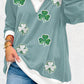 Light Blue Sequin Clover Graphic Colorblock Long Sleeve Corded Top