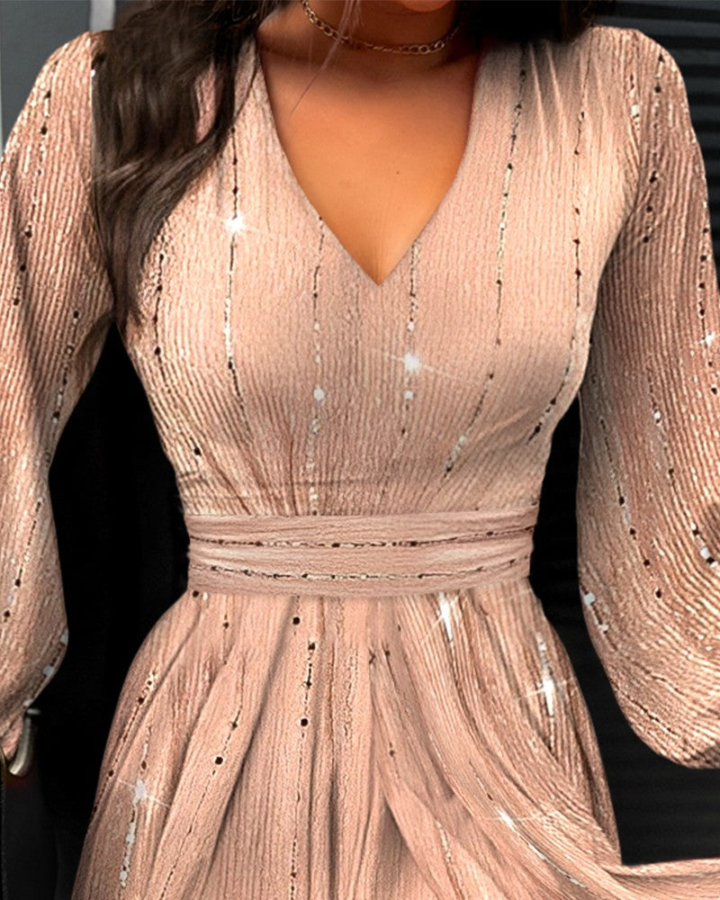 Sequin Mesh Lantern Sleeve Dress