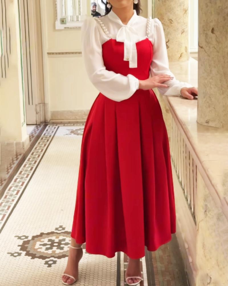 2 Pieces Sweetheart Neck Pearl Decor Spaghetti Strap Crop Top and Casual A Line Long Skirt Set